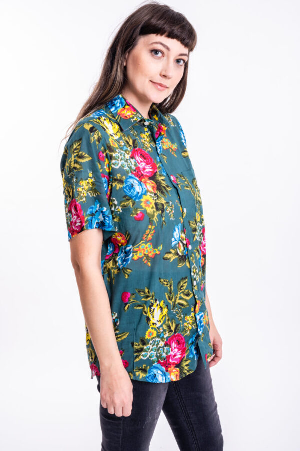 Unisex buttoned shirt for men and women | A Green buttoned shirt with colorful rose print - a unique design