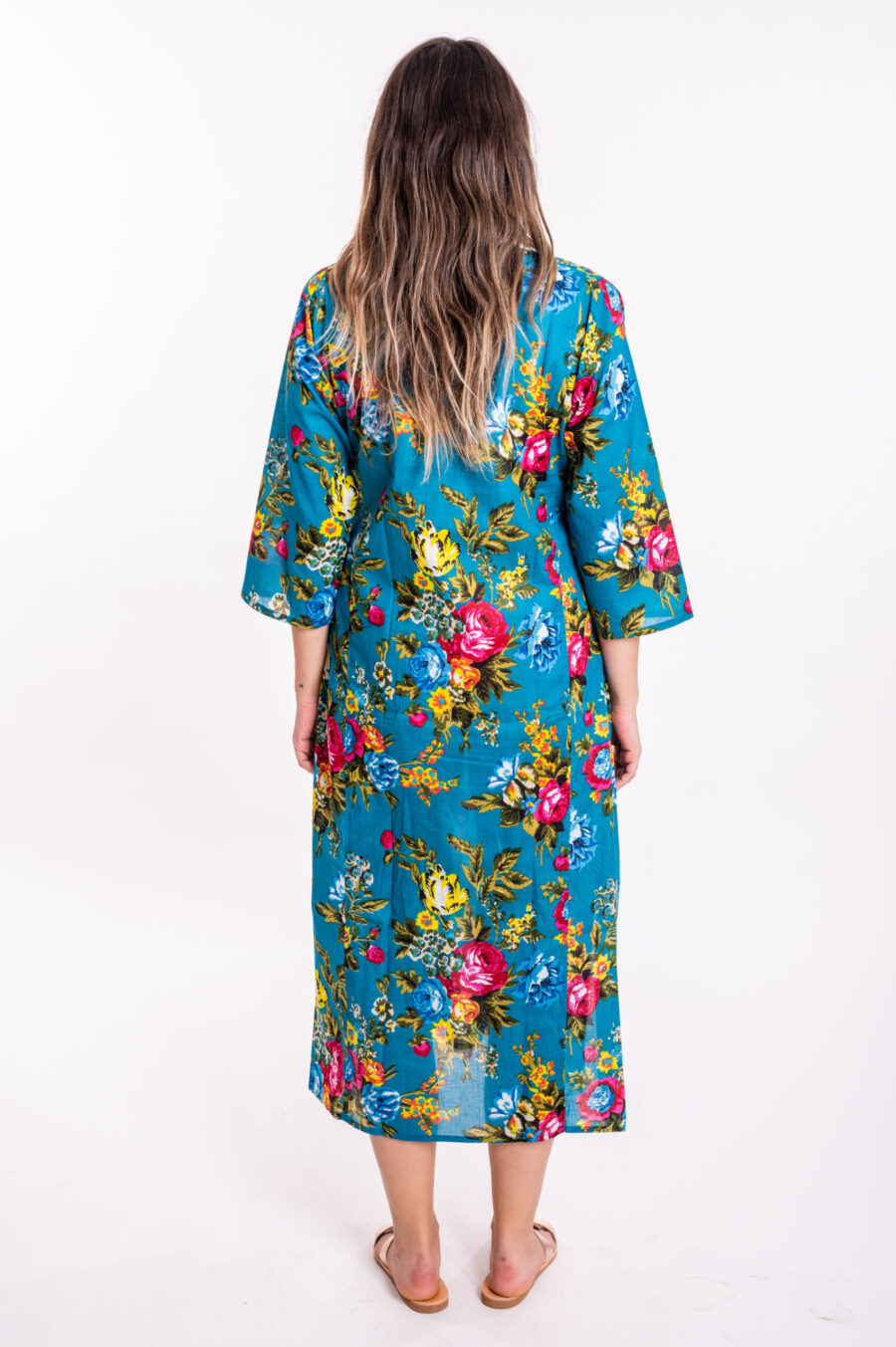 גלביה לנשים | גלבייה בעיצוב ייחודי - שמלה טורקיז עם הדפס פרחים צבעוני