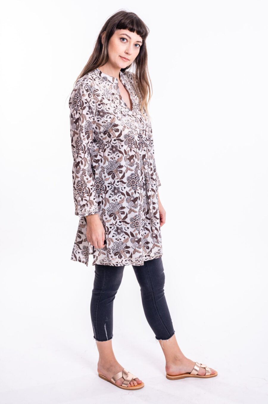 Embroidered tunic | Short embroidered dress for women - Uniquely designed tunic - white with brown floral print