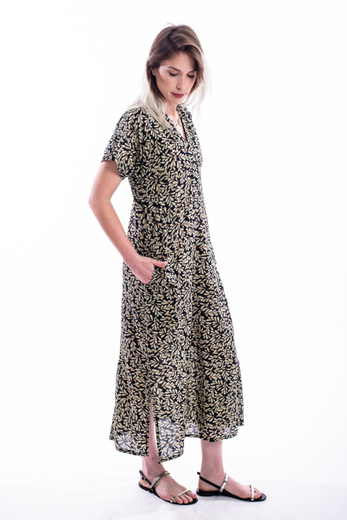 Jalabiya dress | Uniquely designed dress – Olive leaf print on a green background