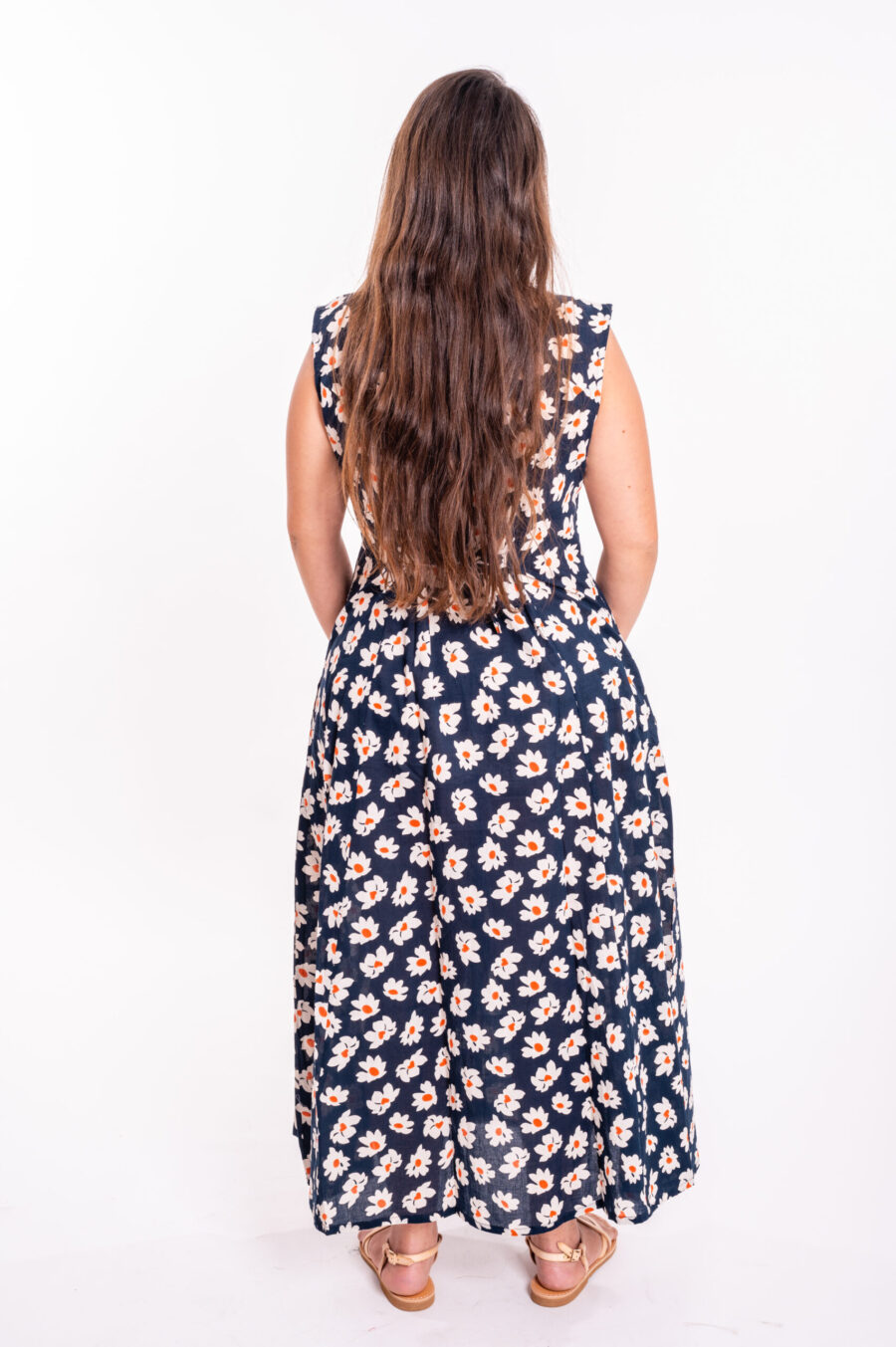 Rama dress | Uniquely designed dress – Dark blue A shaped maxi dress, sleeveless, with white flowers print