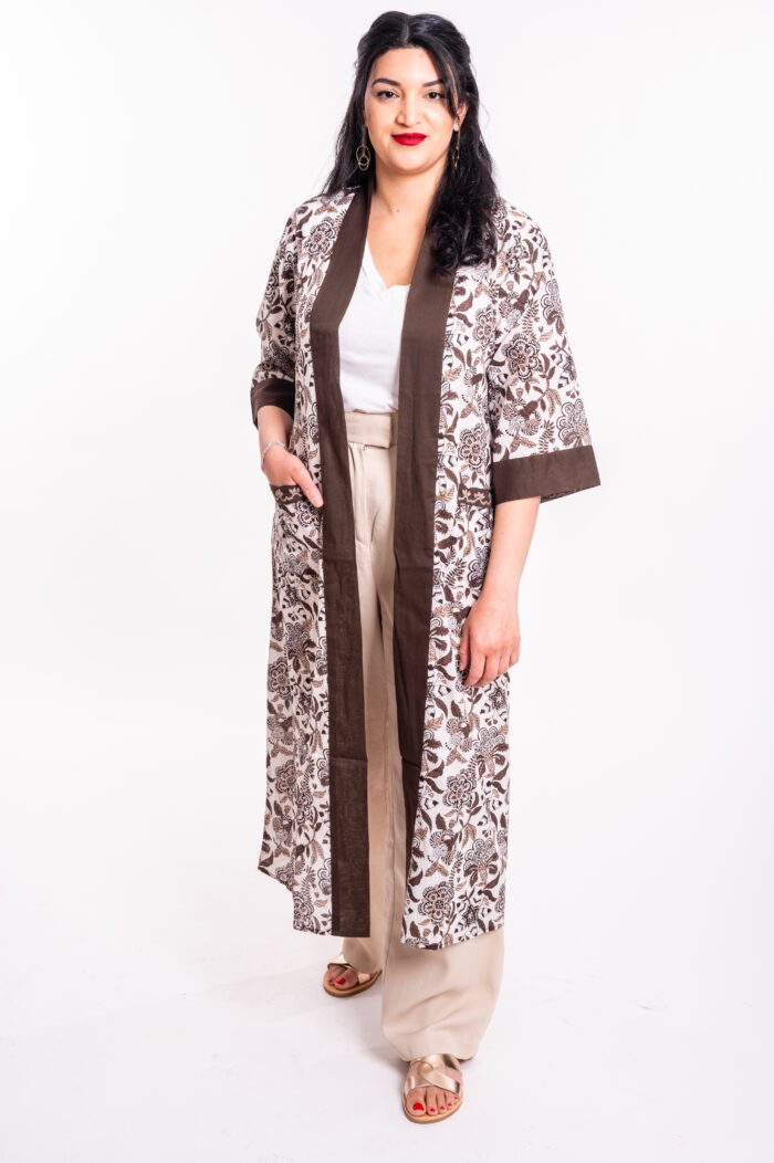 Kimono | Uniquely designed top – White top with brown flowers print