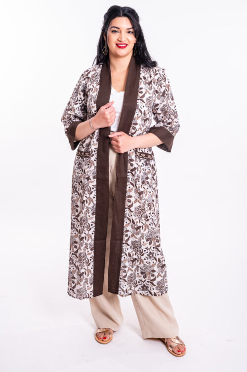 Kimono | Uniquely designed top – White top with brown flowers print