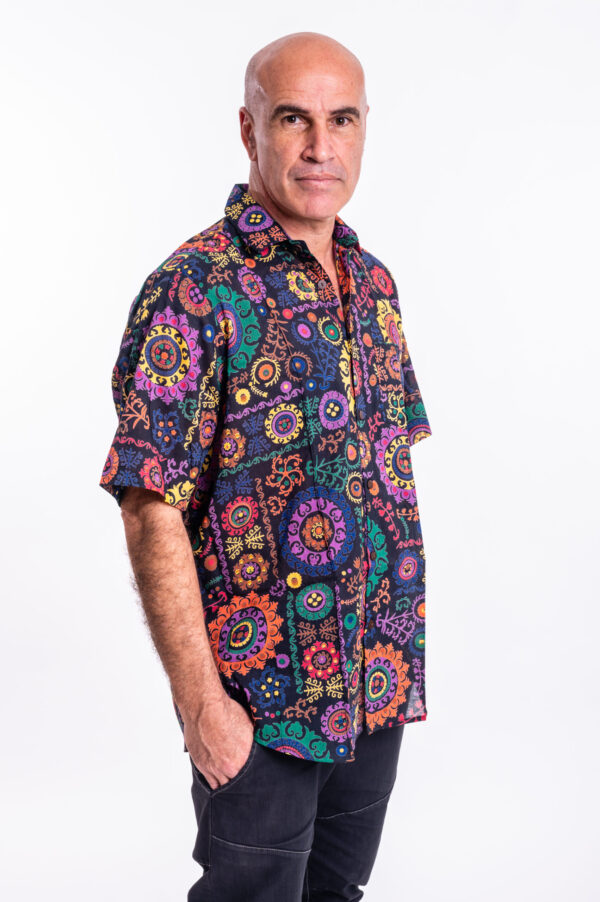 Unisex buttoned shirt for men and women | A Black buttoned shirt with colorful mandalas print - a unique design