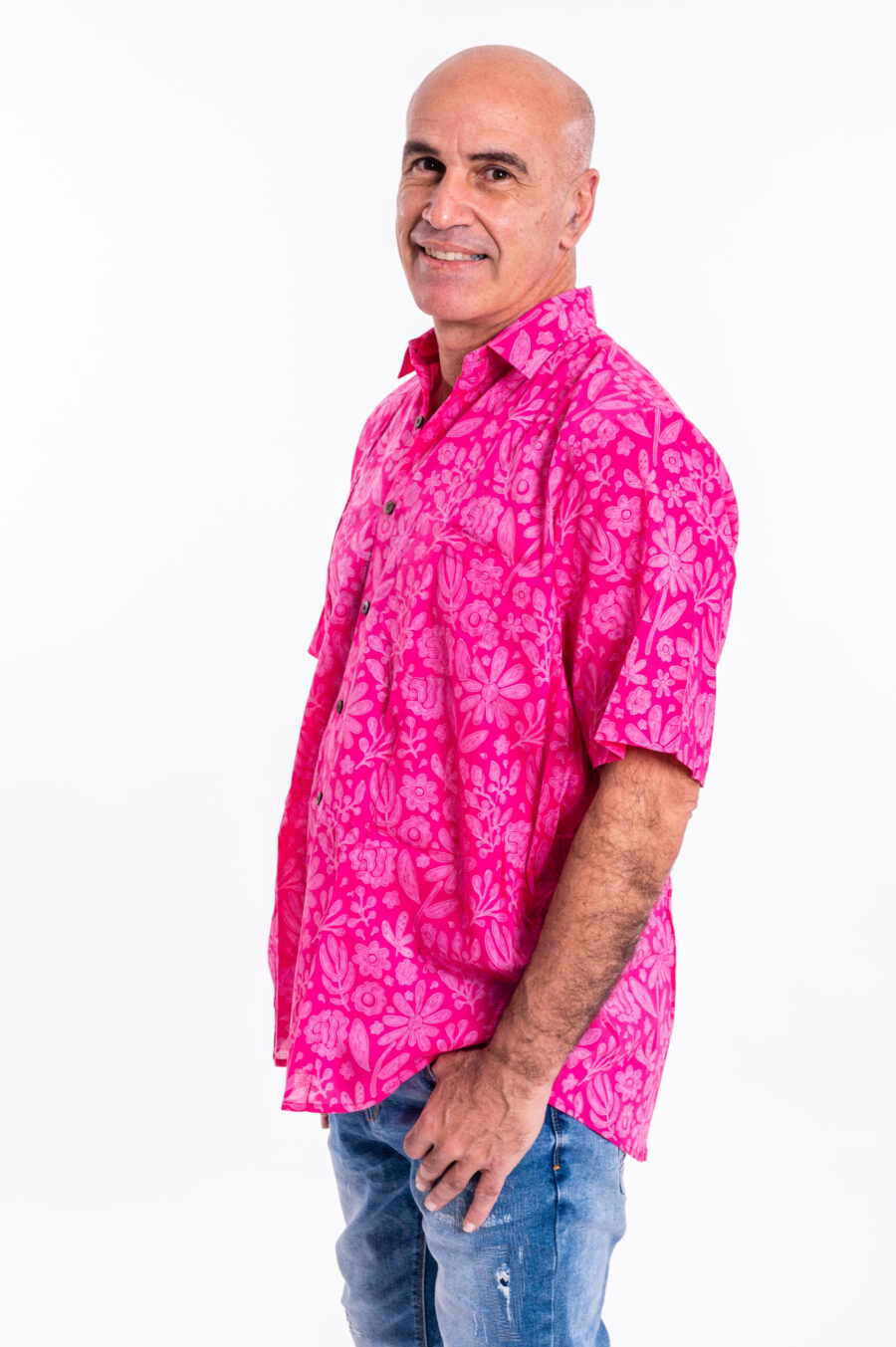 Unisex buttoned shirt for men and women | A pink buttoned shirt with light-pink flowers print - a unique design