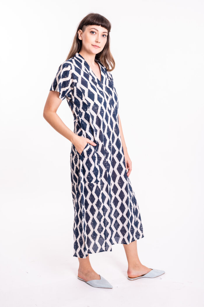 Jalabiya dress | Uniquely designed dress – white dress with blue rhombuses print