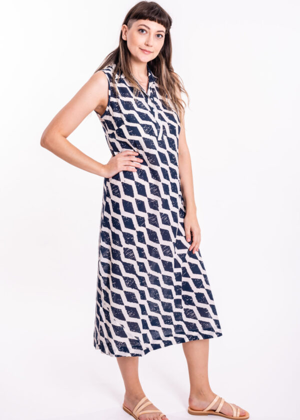 Paris Dress | Uniquely designed dress – White dress with dark blue rhombuses print