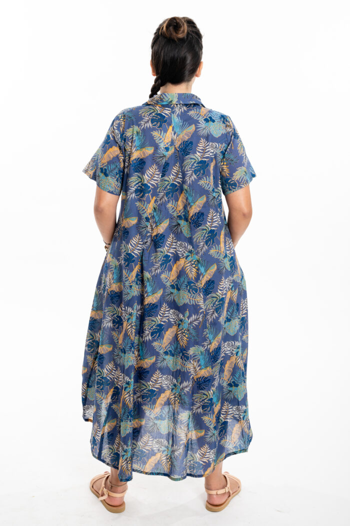 Aiya’le dress | Uniquely designed oversize dress - Golden blue print, golden decorated leaves on a blue background