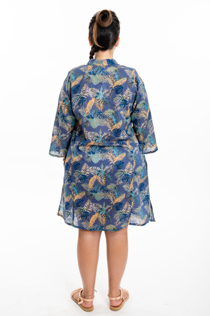 Short jalabiya dress | Uniquely designed dress – Golden blue print, golden decorated leaves on a blue background