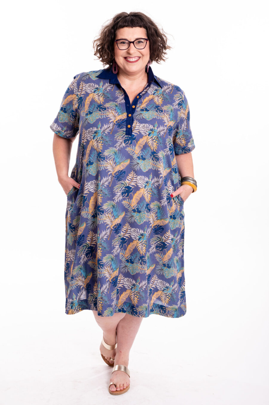 Eve dress | Uniquely designed dress - Midi blue dress with golden blue print, golden decorated leaves on a blue background