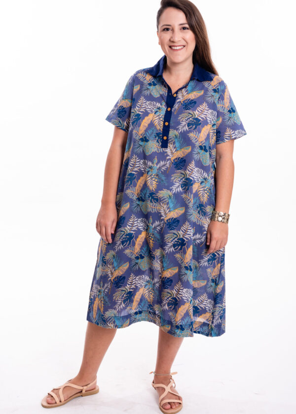 Eve dress | Uniquely designed dress - Midi blue dress with golden blue print, golden decorated leaves on a blue background