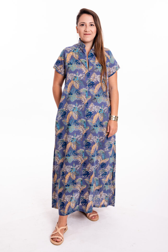 Maiko dress | Japanese dress with a unique high collar - Golden blue print, golden decorated leaves on a blue background