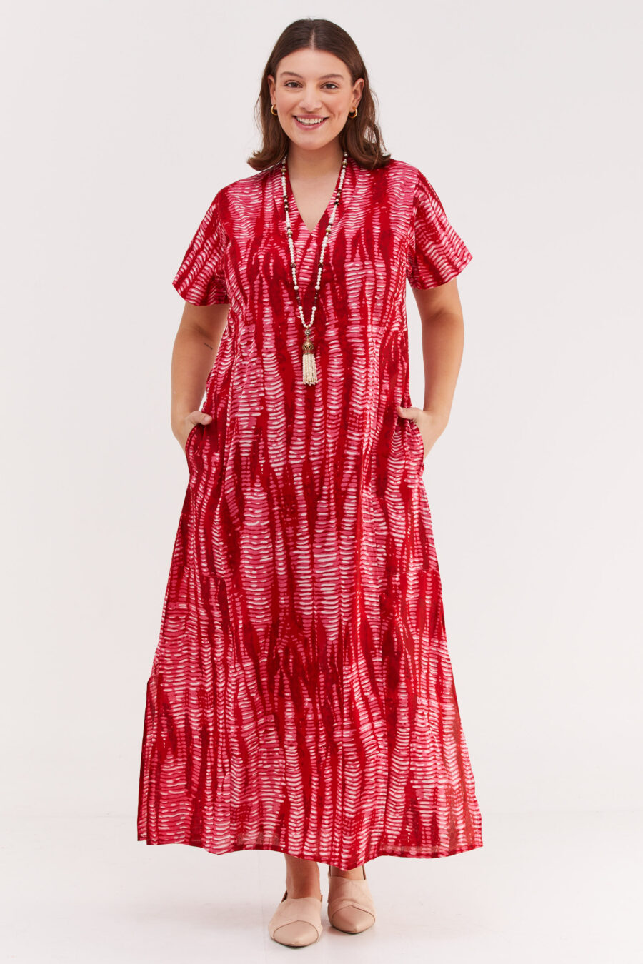 Jalabiya dress | Uniquely designed dress - Stone red print, pink dress with red stone-like print by comfort zone boutique