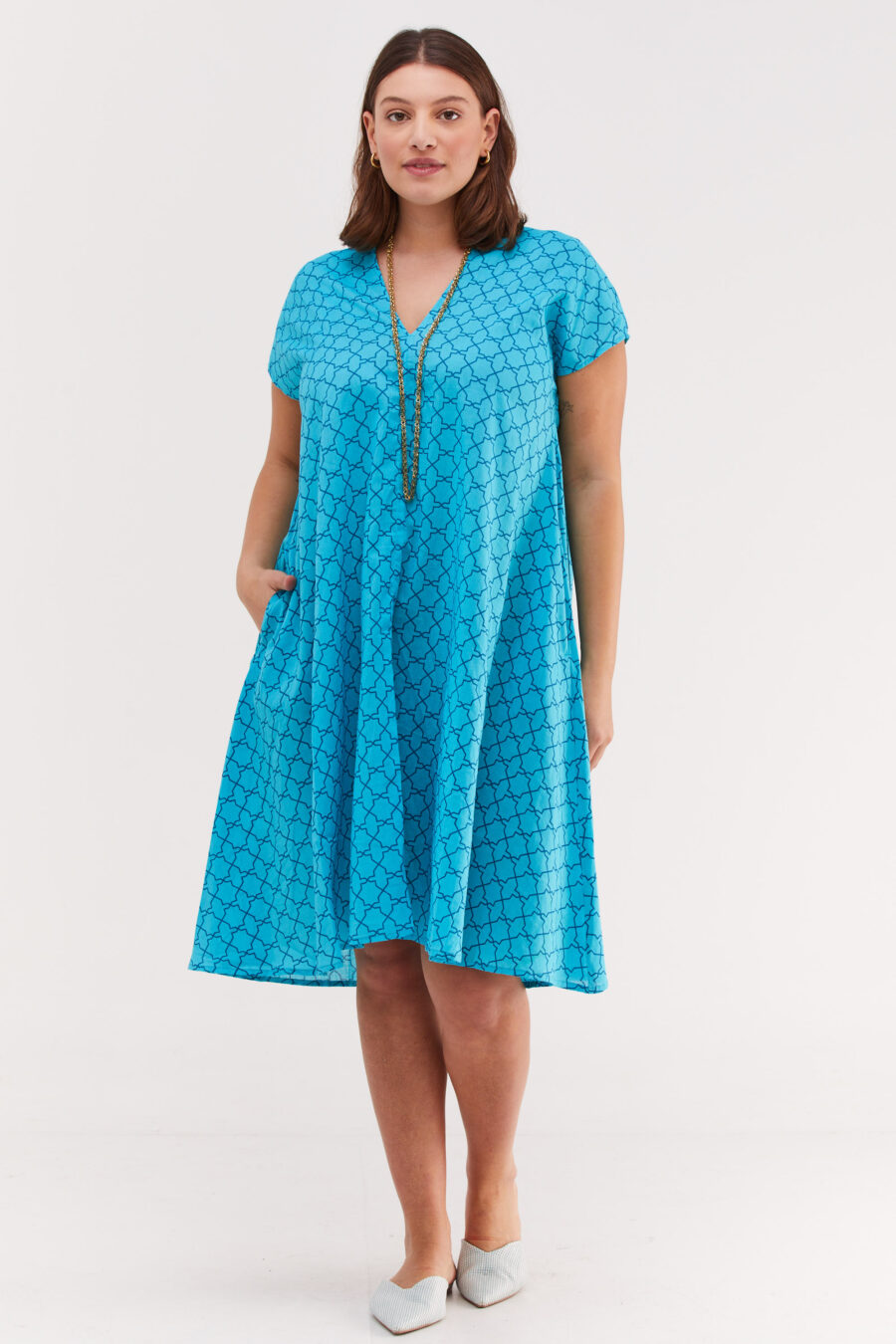 Joes dress | Uniquely designed midi oversize dress - Tourqouise Scandinavian print, tourqouise dress with dark blue geometric print by comfort zone boutique