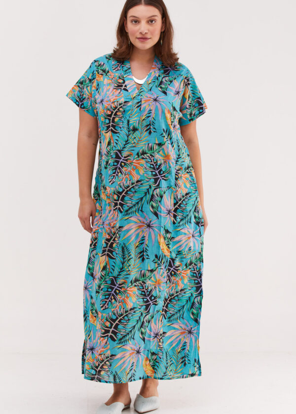 Jalabiya dress | Uniquely designed dress - Tropical sunrise print, tourquise dress with tropical print in sunrise colours by comfort zone boutique