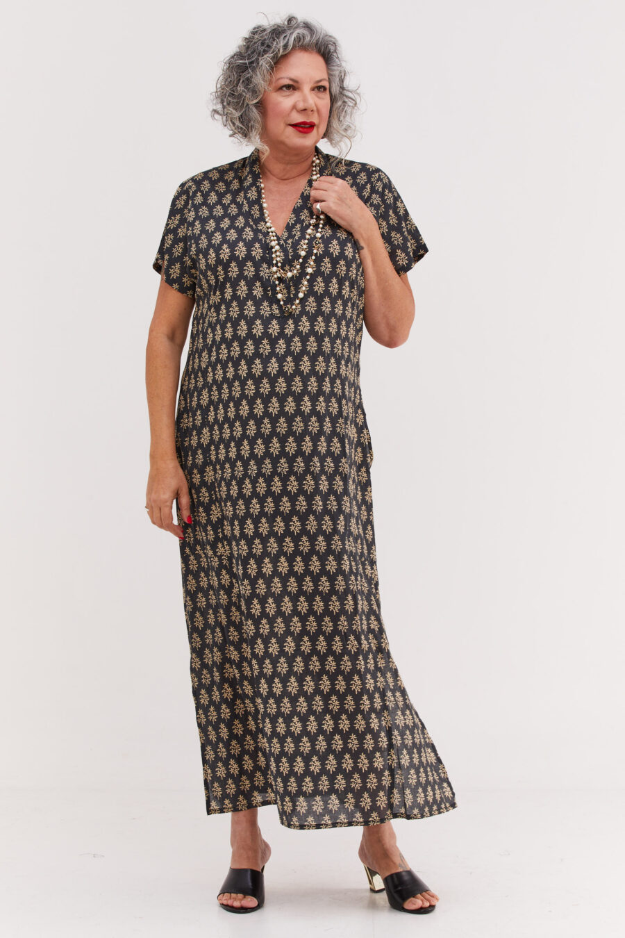 Jalabiya dress | Uniquely designed dress - Tokio print, black dress with cream colored oriental print by comfort zone boutique