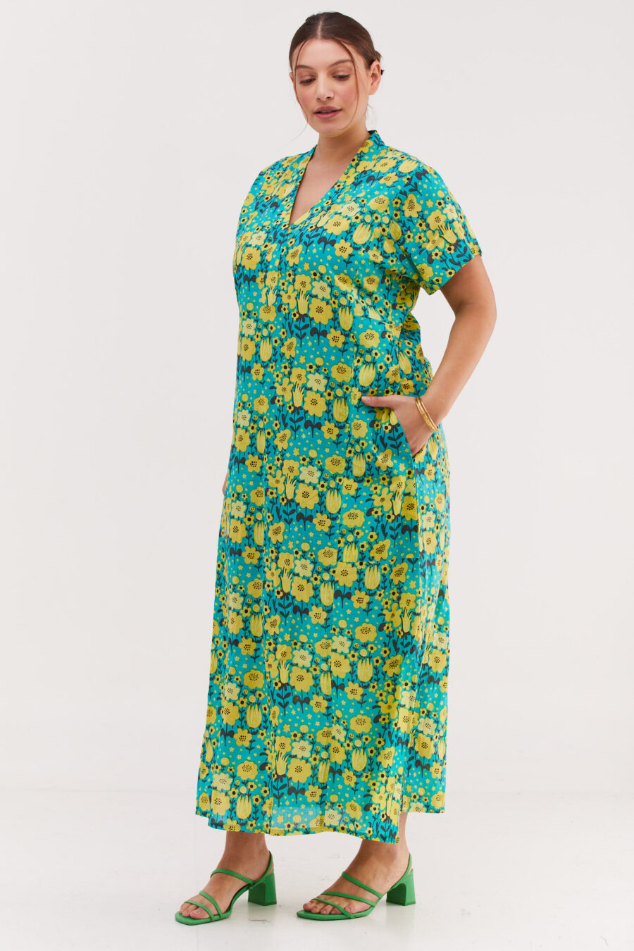 Jalabiya dress | Uniquely designed dress - Optimism print, tourquise dress with yellow flowers print by comfort zone boutique