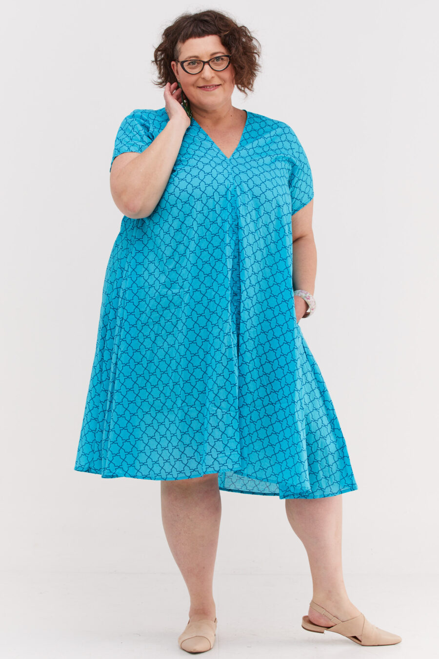Aiya’le dress | Uniquely designed midi oversize dress - Tourqouise Scandinavian print, tourqouise dress with dark blue geometric print by comfort zone boutique
