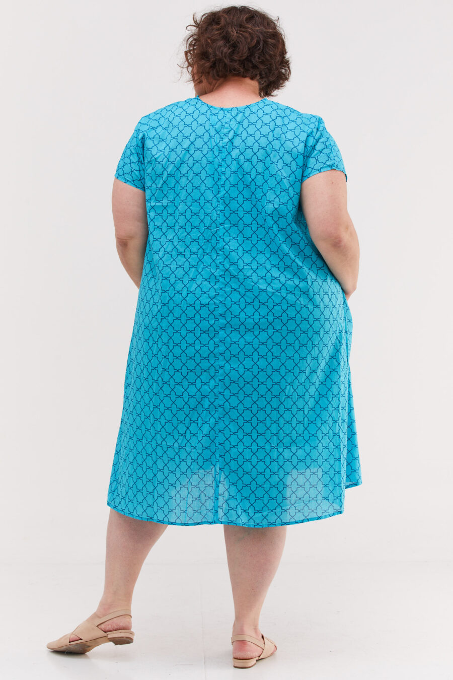Aiya’le dress | Uniquely designed midi oversize dress - Tourqouise Scandinavian print, tourqouise dress with dark blue geometric print by comfort zone boutique