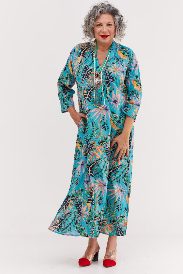 גלביה לנשים | גלבייה בעיצוב ייחודי - הדפס זריחה טרופית, שמלה בצבע טורקיז עם הדפס טרופי בגווני הזריחה
