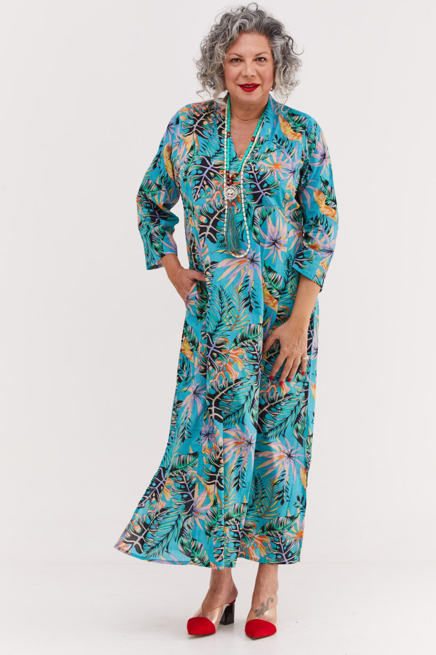 Jalabiya dress | Uniquely designed dress - Tropical sunrise print, tourquise dress with tropical print in sunrise colours by comfort zone boutique