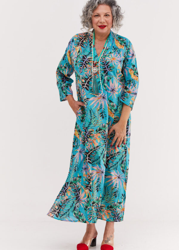גלביה לנשים | גלבייה בעיצוב ייחודי - הדפס זריחה טרופית, שמלה בצבע טורקיז עם הדפס טרופי בגווני הזריחה