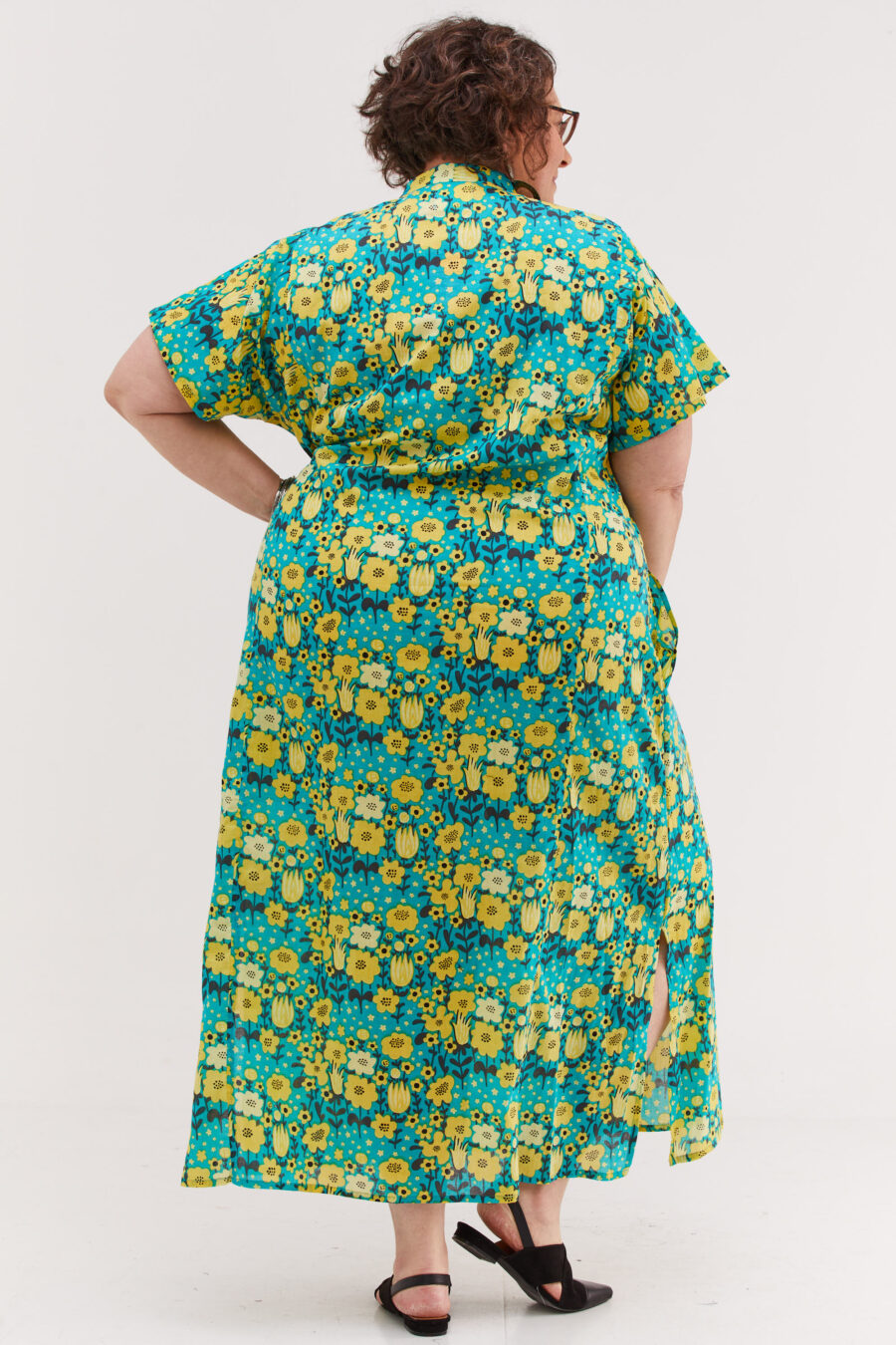 Jalabiya dress | Uniquely designed dress - Optimism print, tourquise dress with yellow flowers print by comfort zone boutique