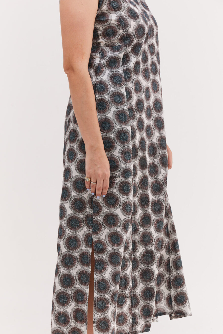 Jalabiya dress without sleeve | Uniquely designed dress - Groundsel print, white dress with purple-brown groundsel print