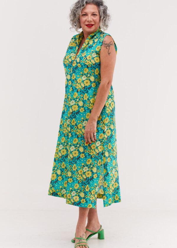 Ossi Dress | Uniquely designed dress – Optimism print, tourquise dress with yellow flowers print by comfort zone boutique.