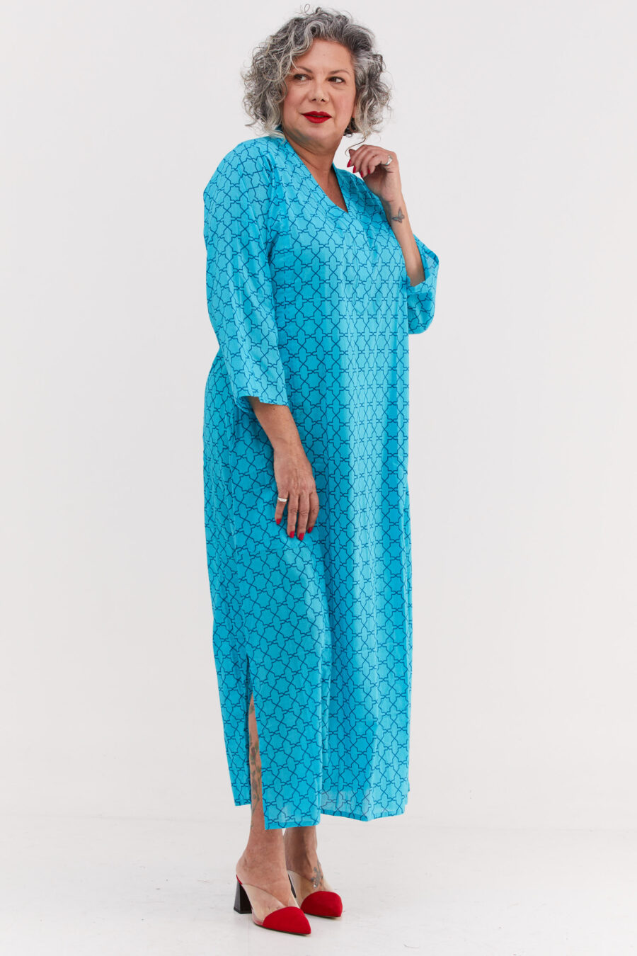 Jalabiya dress | Uniquely designed dress - tourqouise dress with dark blue geometric print by comfort zone boutique