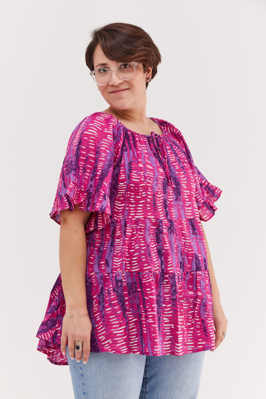 Happy tunic | Oversized flattering tunic – Stone violet print, pink tunic with violet stone-like print by comfort zone boutique