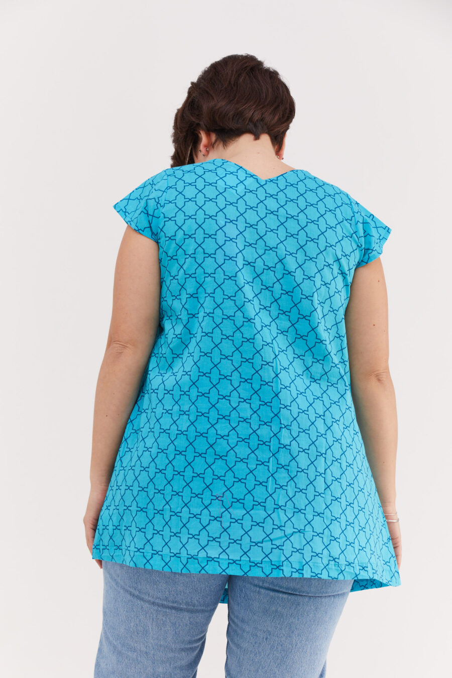 Serena tunic | Uniquely designed black dress – Tourqouise Scandinavian print, tourqouise dress with dark blue geometric print by Comfort Zone Boutique