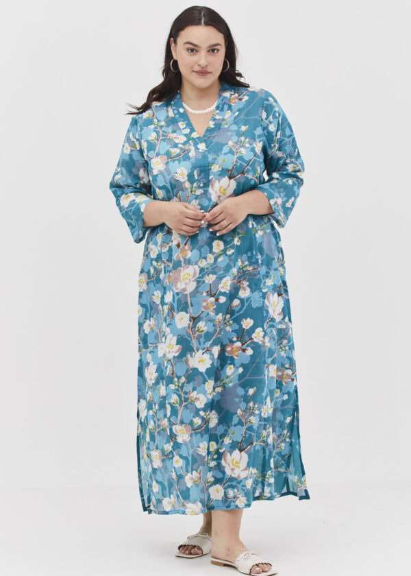 Jalabiya dress | Uniquely designed dress – Blossoming almond print on a blue background. Inspired by Vincent Van Gogh by comfort zone boutique
