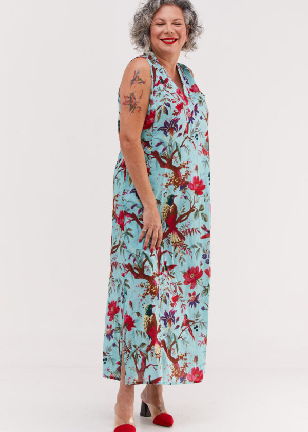 Jalabiya dress without sleeve | Uniquely designed dress - Tropicana print, Tropical print with a turquoise background