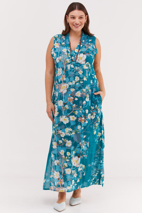 Jalabiya dress without sleeve | Uniquely designed dress - Blossoming almond print, Almond blossom print on a blue background. Inspired by Vincent Van Gogh