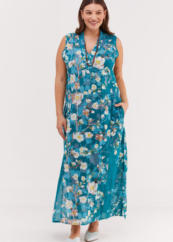 Jalabiya dress without sleeve | Uniquely designed dress - Blossoming almond print, Almond blossom print on a blue background. Inspired by Vincent Van Gogh