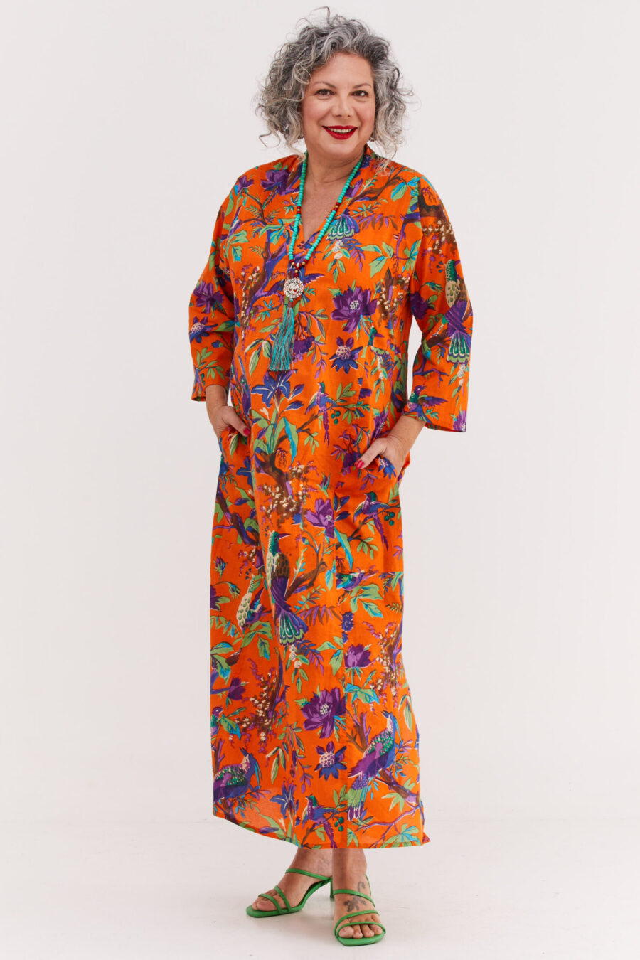 Jalabiya dress | Uniquely designed dress - Orange tropicana, colorful tropical print on an orange backgroung by comfort zone boutique