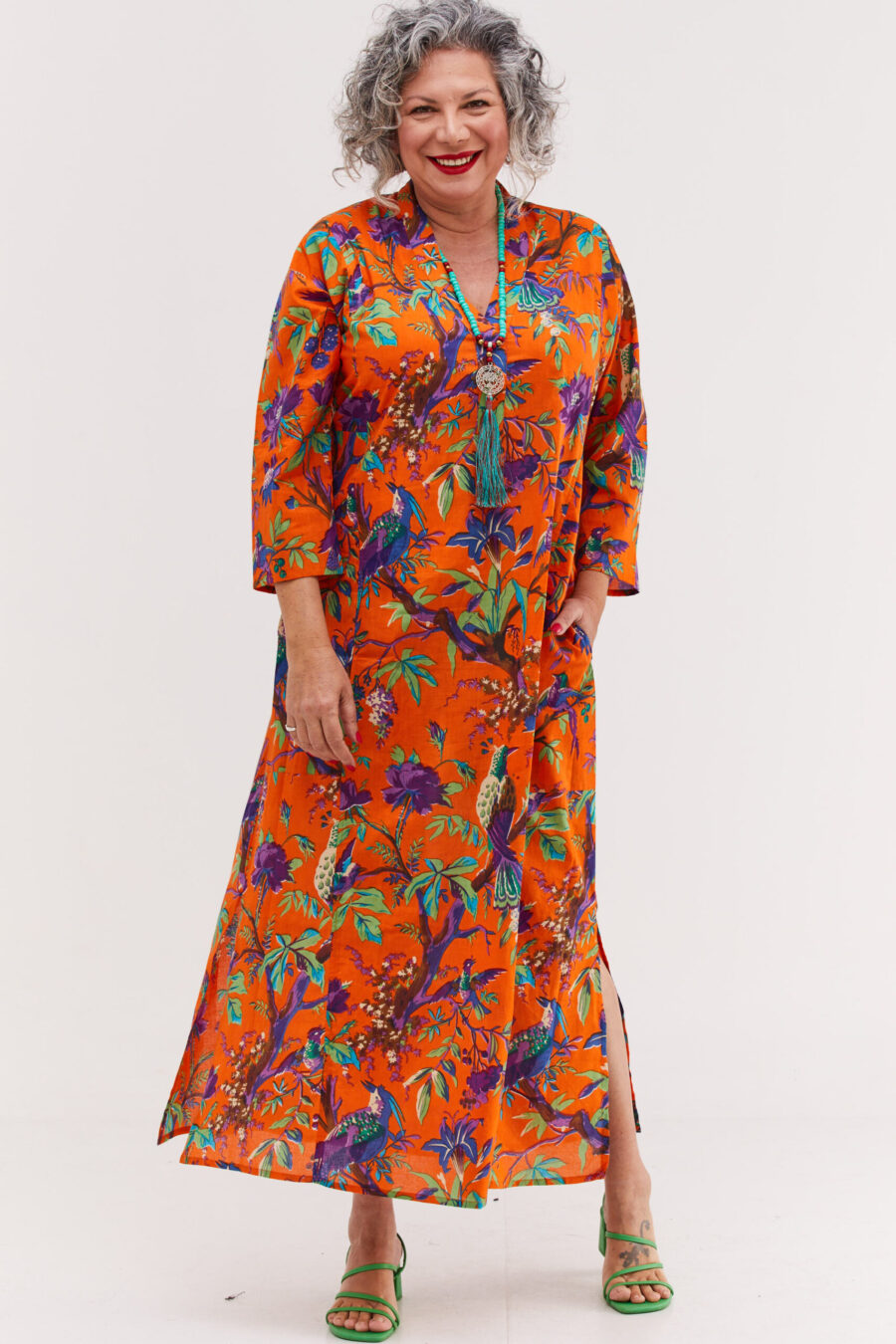 Jalabiya dress | Uniquely designed dress - Orange tropicana, colorful tropical print on an orange backgroung by comfort zone boutique
