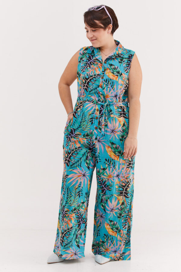 Oversized overall | Uniquely designed Overall – Tropical sunrise print, tourquise dress with tropical print in sunrise colours