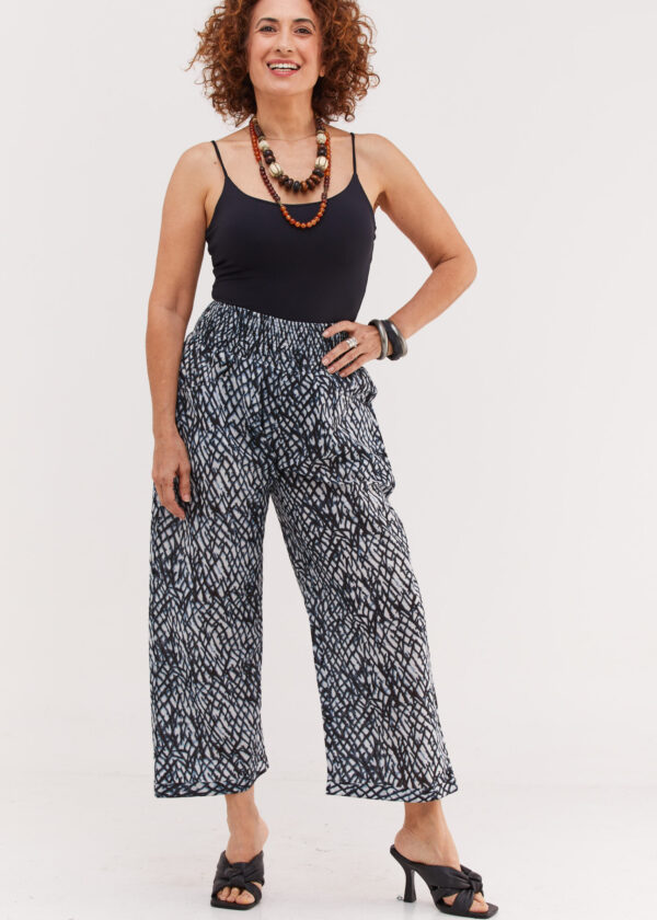 Harmony pants| Flattering and comfortable pants – Black crush print, white pants with black and light blue mesh print by Comfort Zone Boutique