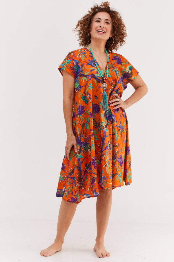 Joes dress | Uniquely designed midi oversize dress - Orange tropicana print, colorful tropical print on an orange backgroung by comfort zone boutique