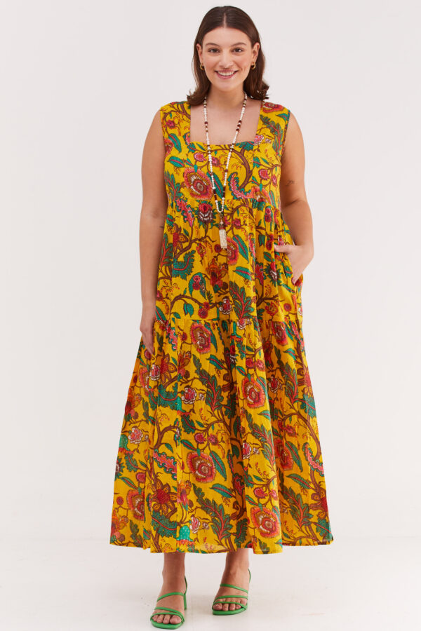 שמלת ליזי | שמלה בעיצוב ייחודי - הדפס פלורה צהובה, שמלה צהובה עם הדפס פרחוני צבעוני