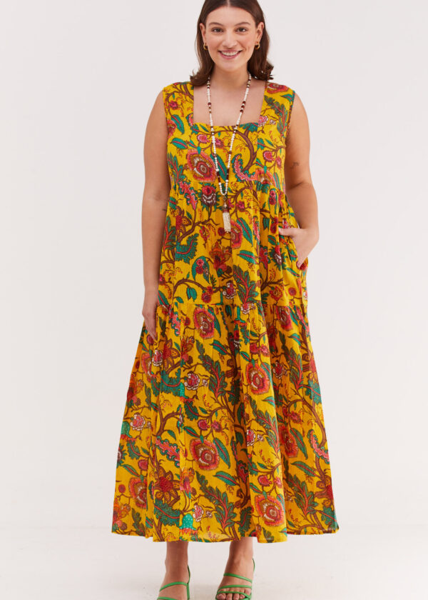 שמלת ליזי | שמלה בעיצוב ייחודי - הדפס פלורה צהובה, שמלה צהובה עם הדפס פרחוני צבעוני