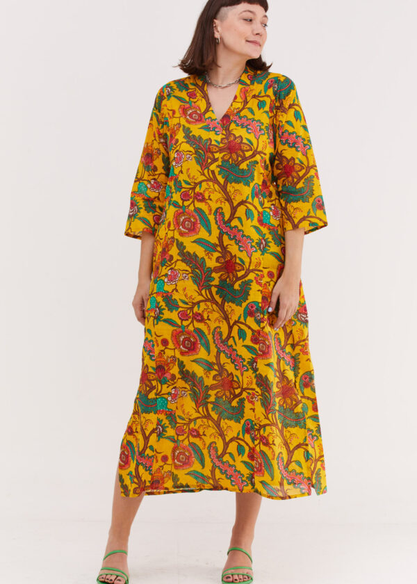Jalabiya dress | Uniquely designed dress - Yellow flora print, yellow dress with colorful floral print by comfort zone boutique