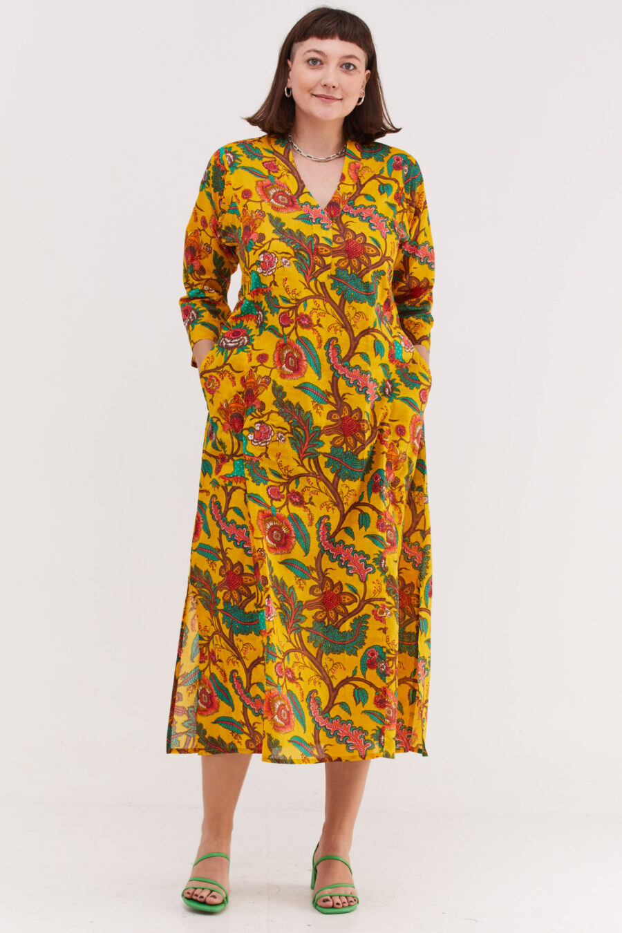Jalabiya dress | Uniquely designed dress - Yellow flora print, yellow dress with colorful floral print by comfort zone boutique