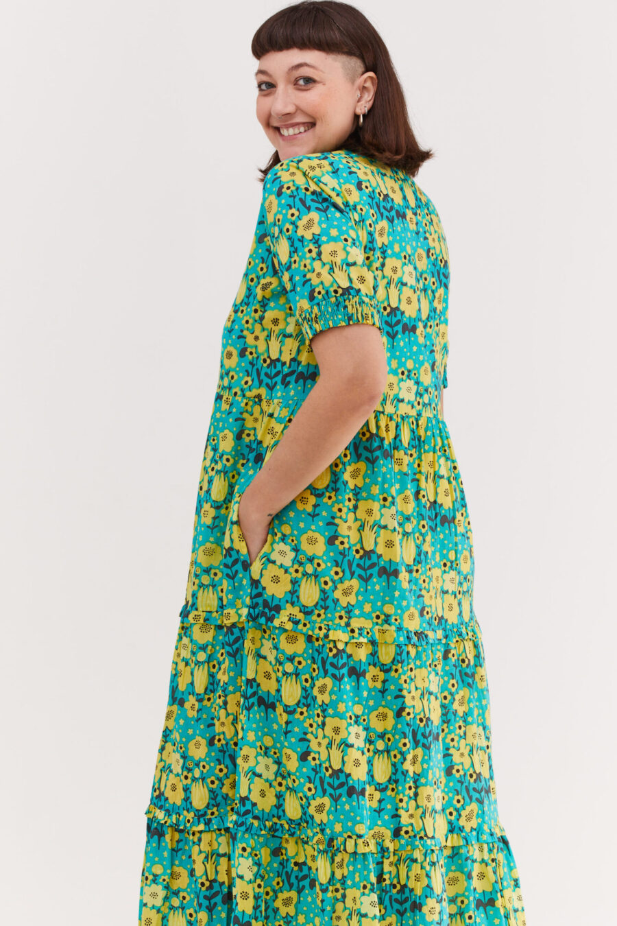 Efrat dress | Uniquely designed maxi dress - Optimism print, tourquise dress with yellow flowers print. by comfort zone boutique