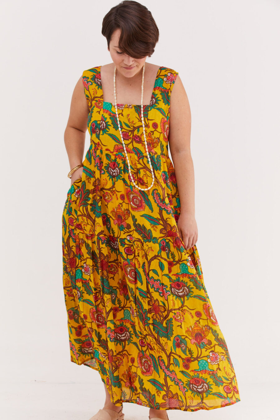 Lizi dress | Uniquely designed dress – Yellow flora print, yellow dress with colorful floral print by comfort zone boutique.