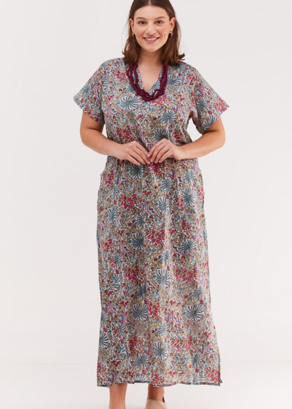 Jalabiya dress | Uniquely designed dress – Libi print, serene floral print on a grey dress by comfort zone boutique