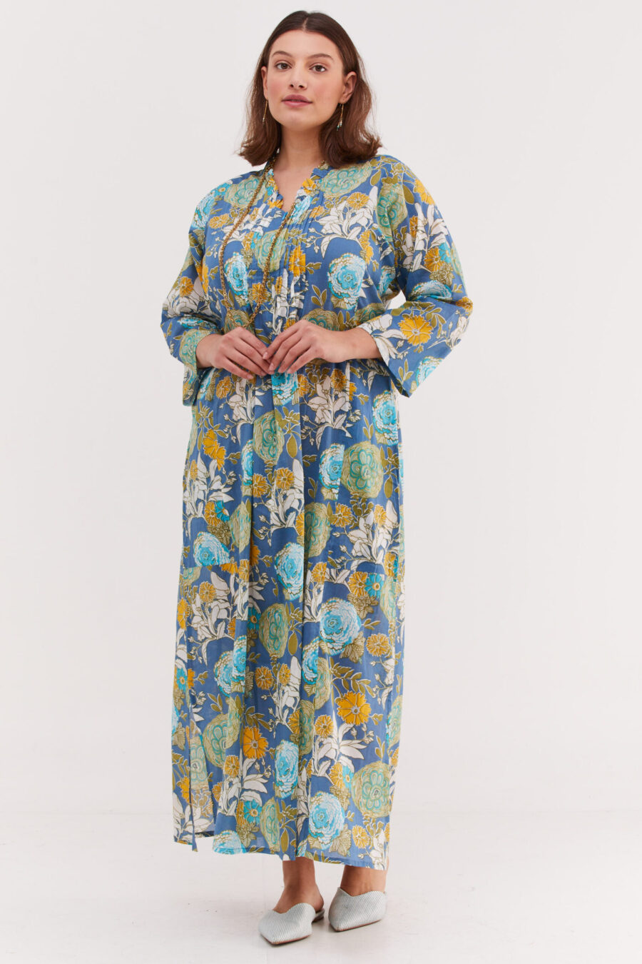 Irit dress | Uniquely designed dress - Blue blossom, colorful floral print on a blue dress by comfort zone boutique
