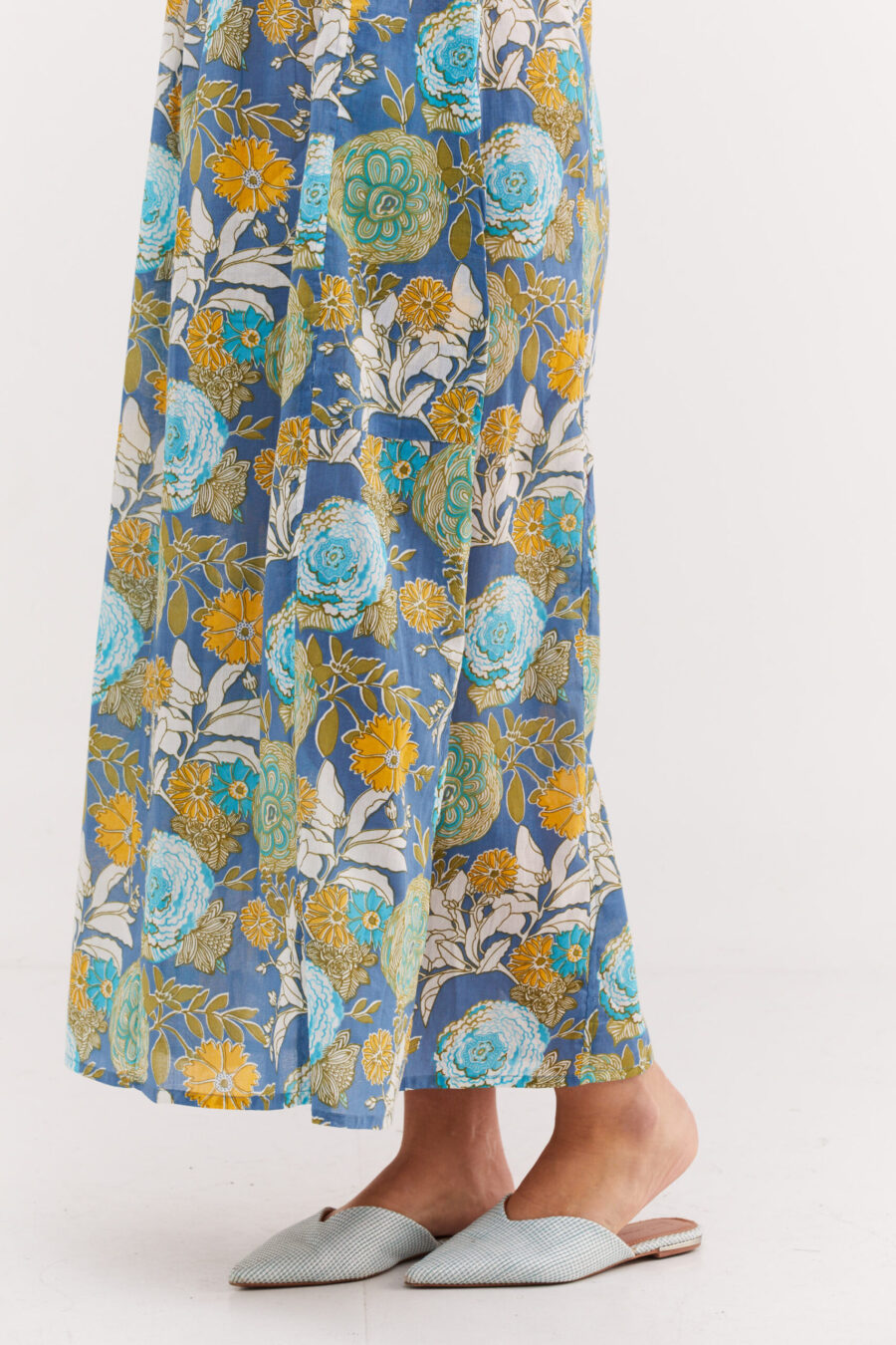 Irit dress | Uniquely designed dress - Blue blossom, colorful floral print on a blue dress by comfort zone boutique